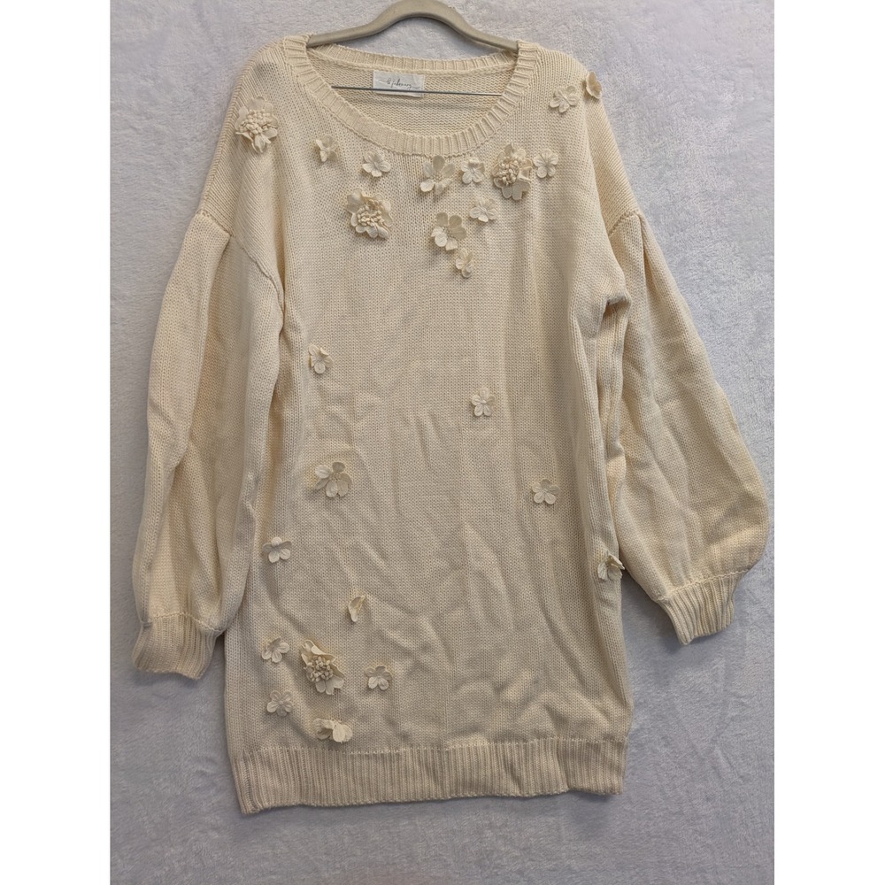 La February Floral‎ Applique Knit Sweater Tunic Dress - Cream - Excellent